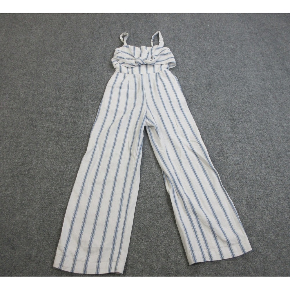 Abercrombie & Fitch Jumpsuit Womens XS White‎ Blue Striped Linen Blend Wide Leg